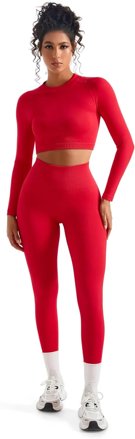 SUUKSESS Women 2 Piece Workout Sets Hidden Scrunch Butt Lifting Seamless Leggings Long Sleeve Yoga Crop Tops