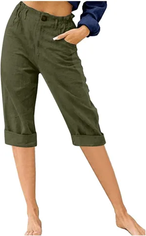 TANGNADE Women Capri Pants for Summer Casual Loose Cotton Linen Capris Comfy Elastic Waist Cropped Trouser Vacation