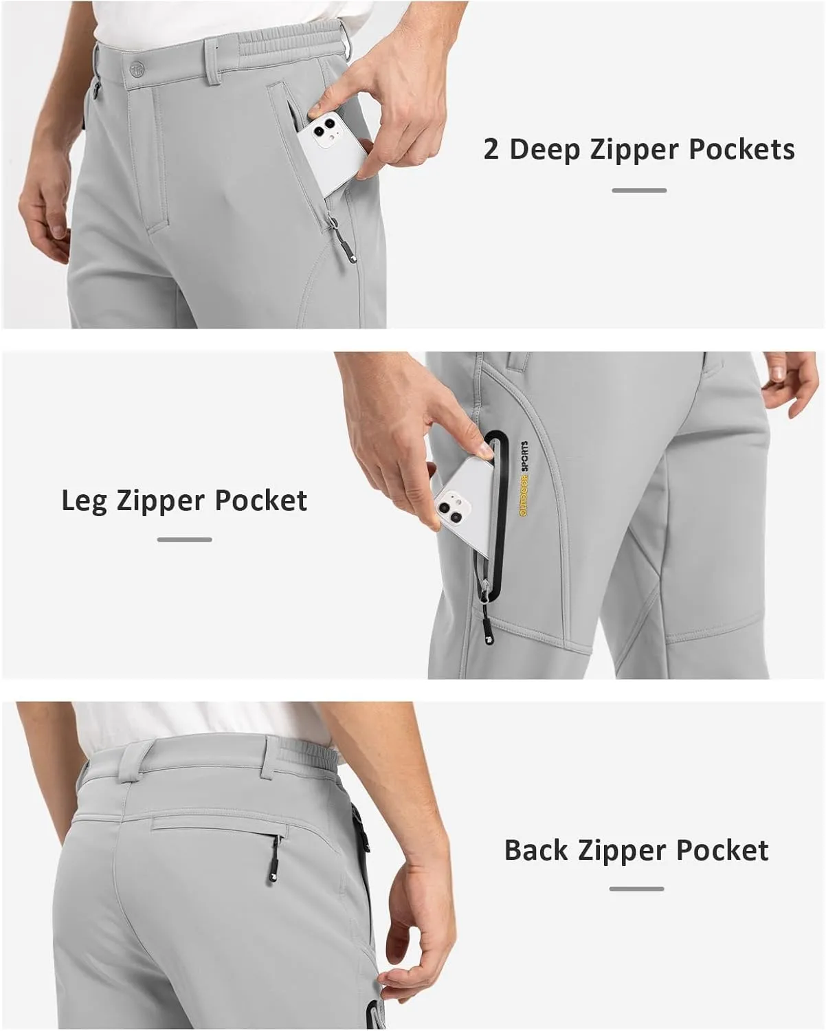 TBMPOY Men's Snow Pants Fleece Lined Hiking Winter Waterproof Softshell Ski Outdoor Insulated Climbing Pants Zipper Pockets