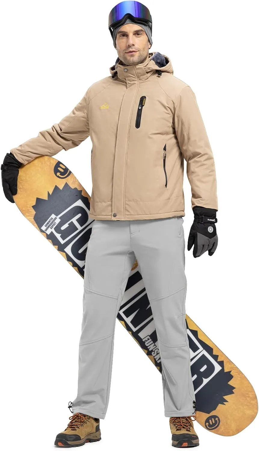 TBMPOY Men's Snow Pants Fleece Lined Hiking Winter Waterproof Softshell Ski Outdoor Insulated Climbing Pants Zipper Pockets