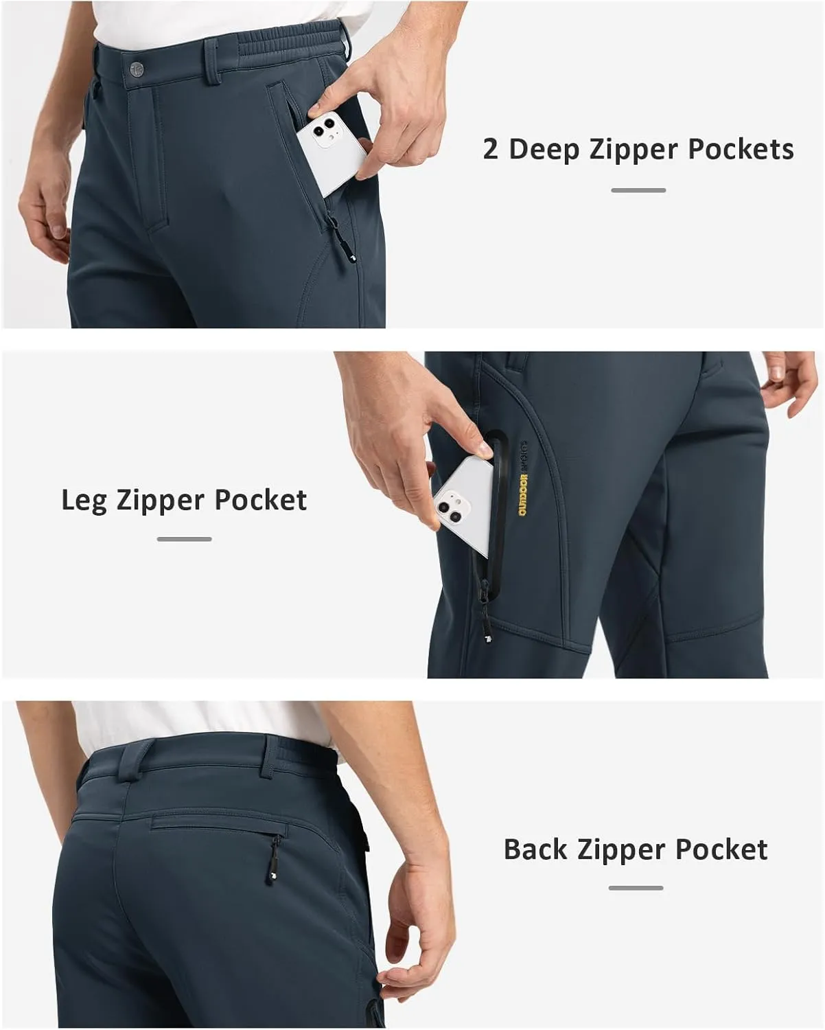 TBMPOY Men's Snow Pants Fleece Lined Hiking Winter Waterproof Softshell Ski Outdoor Insulated Climbing Pants Zipper Pockets