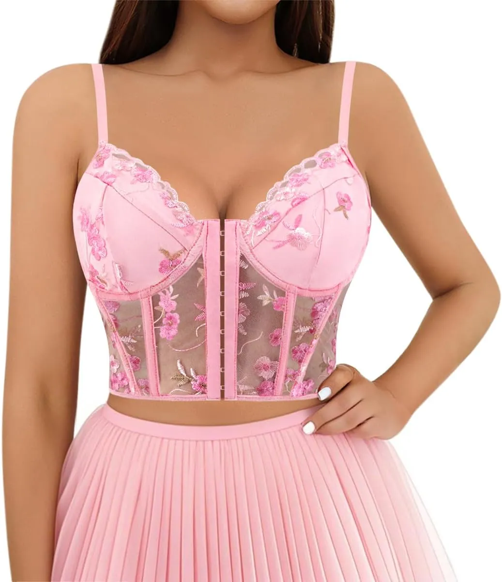 TYNORA Women's Mesh Floral Embroidery Spaghetti Strap Cami Crop Tops Lace Trim Bralette Cami Bustier Top Nightclub
