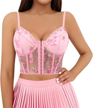 TYNORA Women's Mesh Floral Embroidery Spaghetti Strap Cami Crop Tops Lace Trim Bralette Cami Bustier Top Nightclub