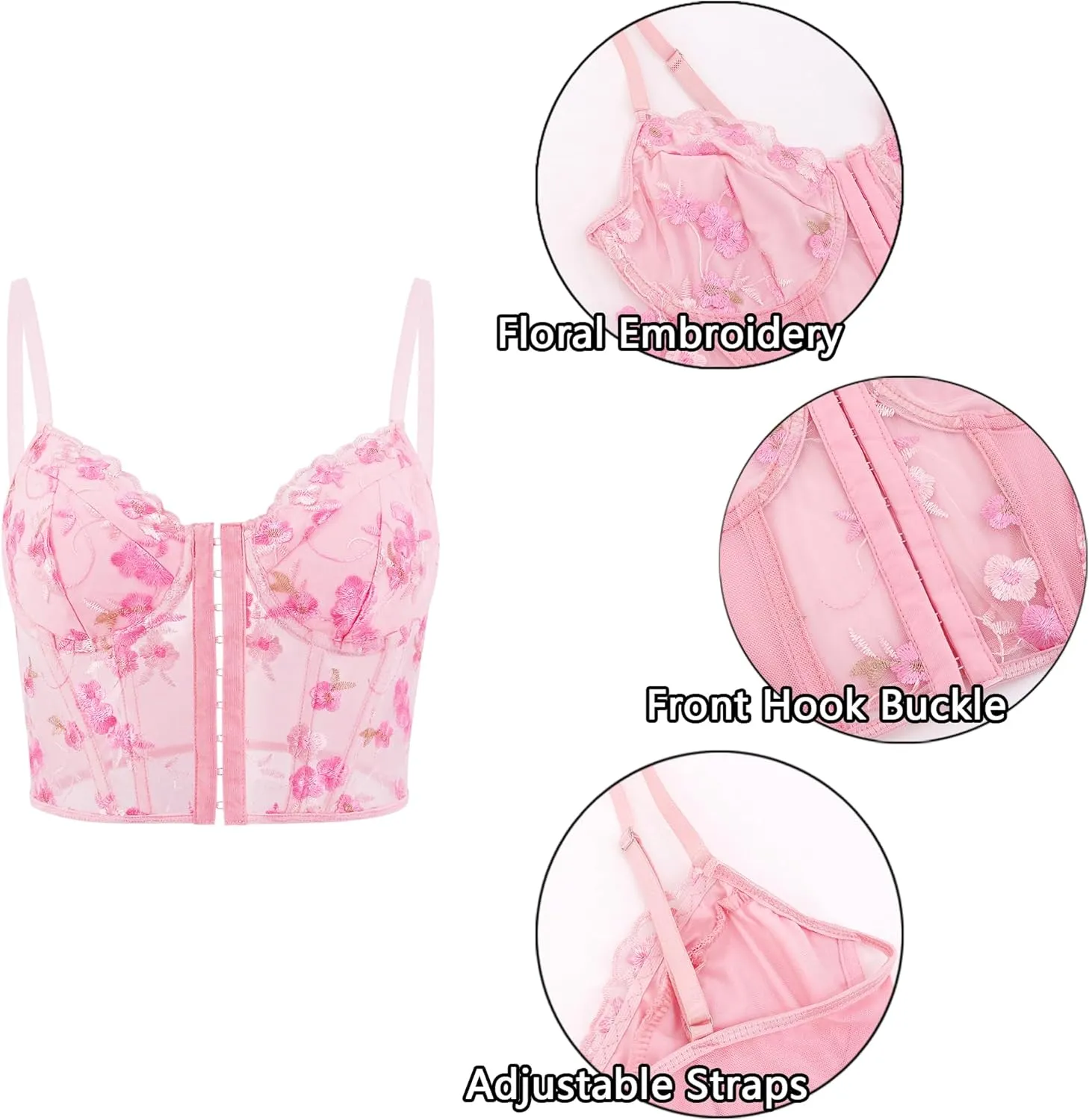 TYNORA Women's Mesh Floral Embroidery Spaghetti Strap Cami Crop Tops Lace Trim Bralette Cami Bustier Top Nightclub
