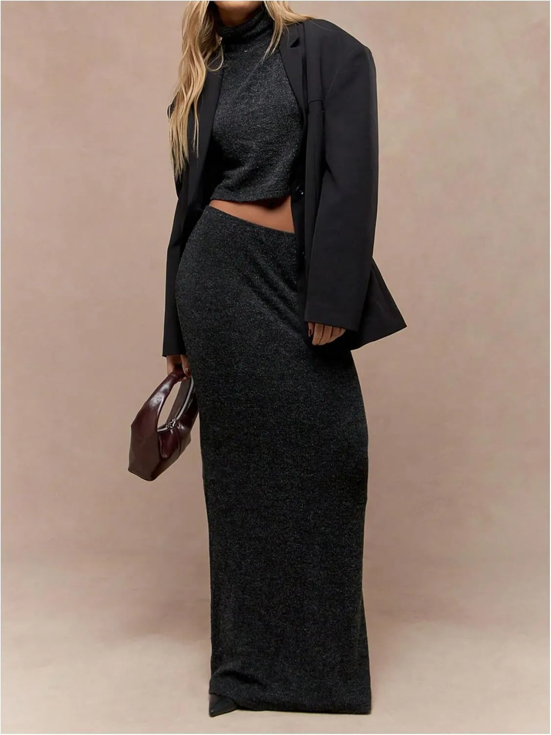 Verdusa Women's 2 Piece Skirt Sets High Neck Fitted Crop Tank Tops and Bodycon Maxi Skirts Set