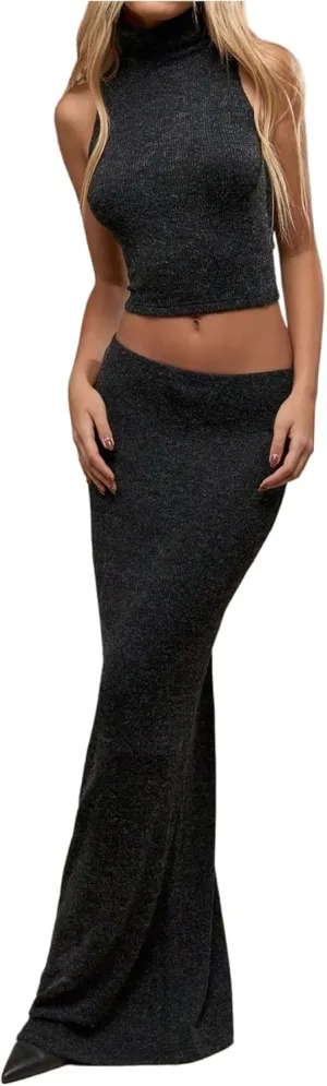 Verdusa Women's 2 Piece Skirt Sets High Neck Fitted Crop Tank Tops and Bodycon Maxi Skirts Set