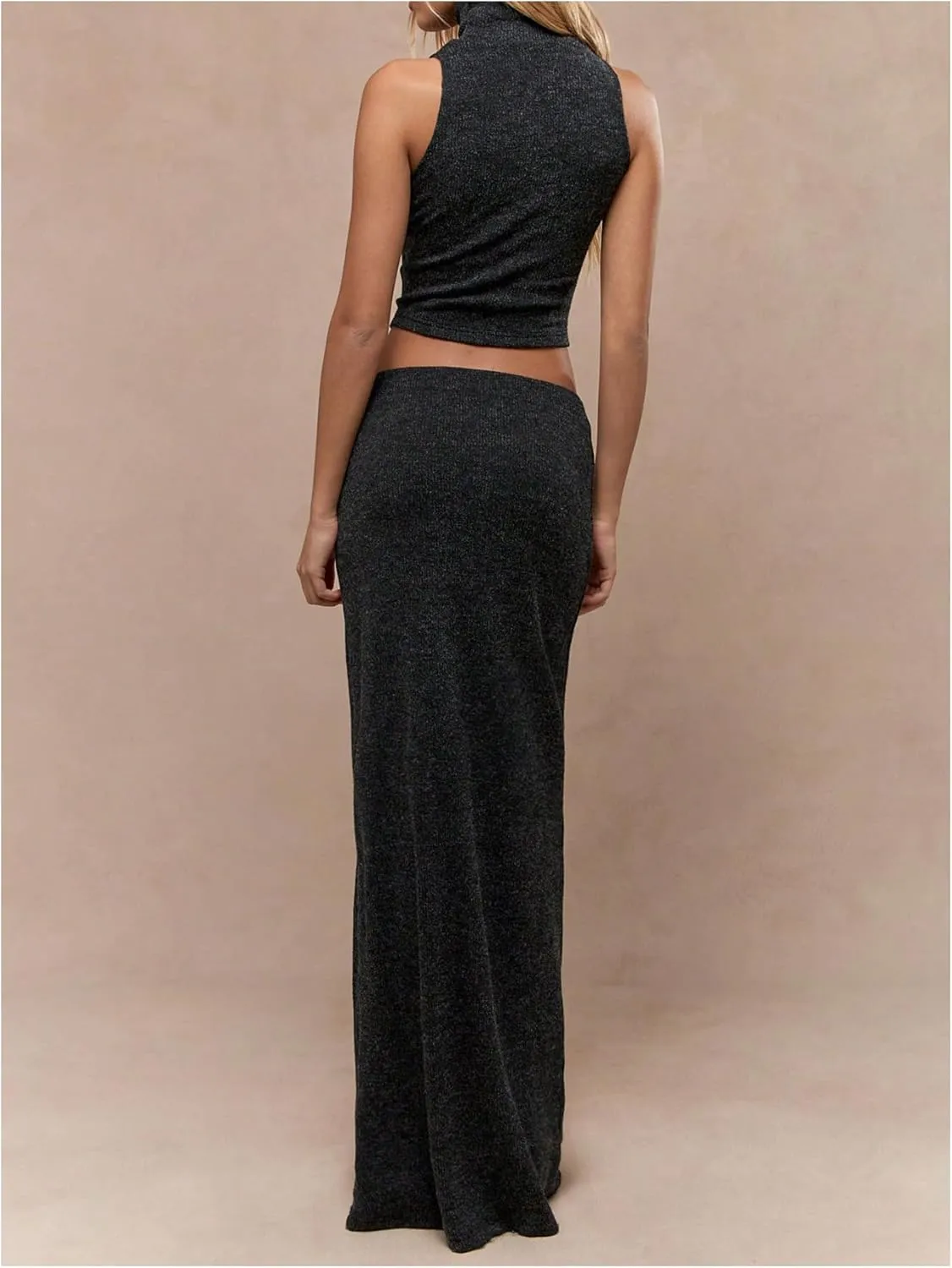 Verdusa Women's 2 Piece Skirt Sets High Neck Fitted Crop Tank Tops and Bodycon Maxi Skirts Set