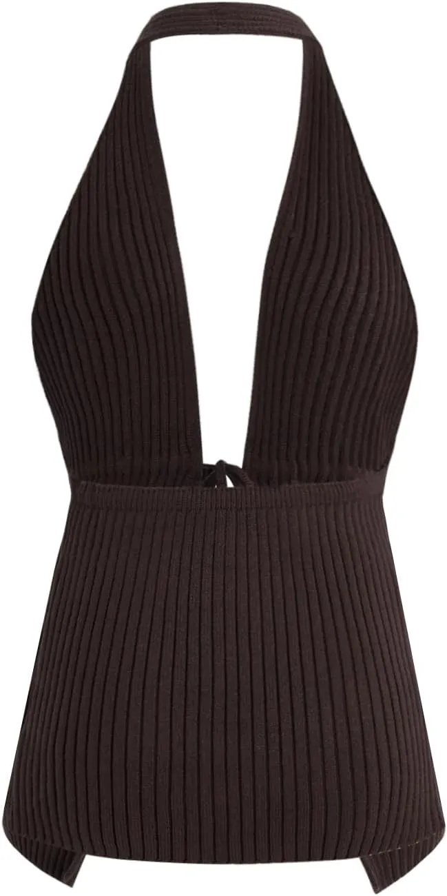 Verdusa Women's Old Money Halter Tops Bow Tie Front Backless Deep V Neck Split Knit Vest Trendy