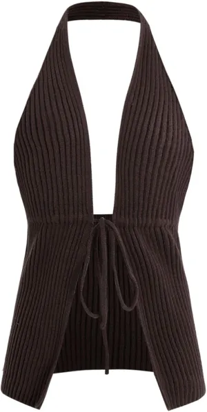 Verdusa Women's Old Money Halter Tops Bow Tie Front Backless Deep V Neck Split Knit Vest Trendy