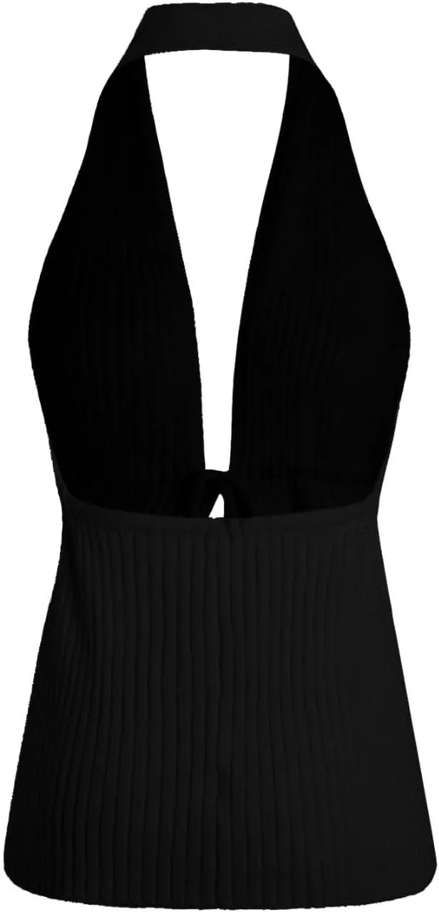 Verdusa Women's Old Money Halter Tops Bow Tie Front Backless Deep V Neck Split Knit Vest Trendy