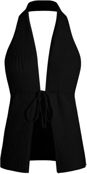 Verdusa Women's Old Money Halter Tops Bow Tie Front Backless Deep V Neck Split Knit Vest Trendy