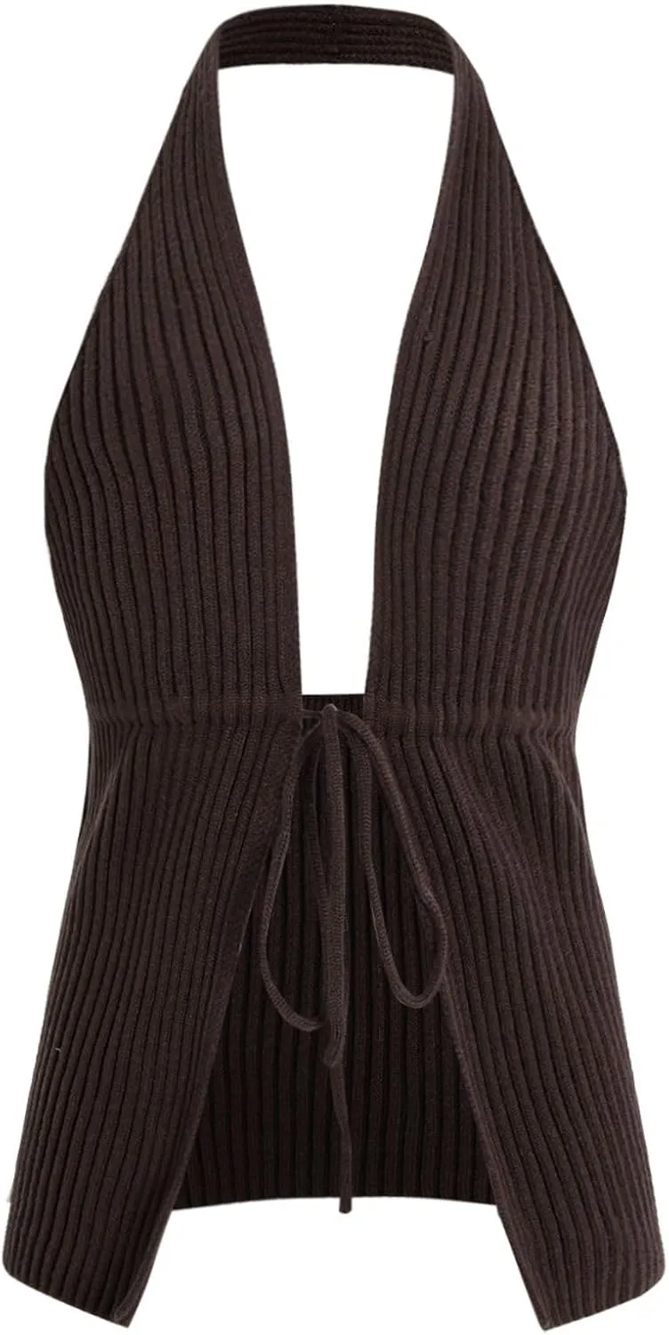 Verdusa Women's Old Money Halter Tops Bow Tie Front Backless Deep V Neck Split Knit Vest Trendy