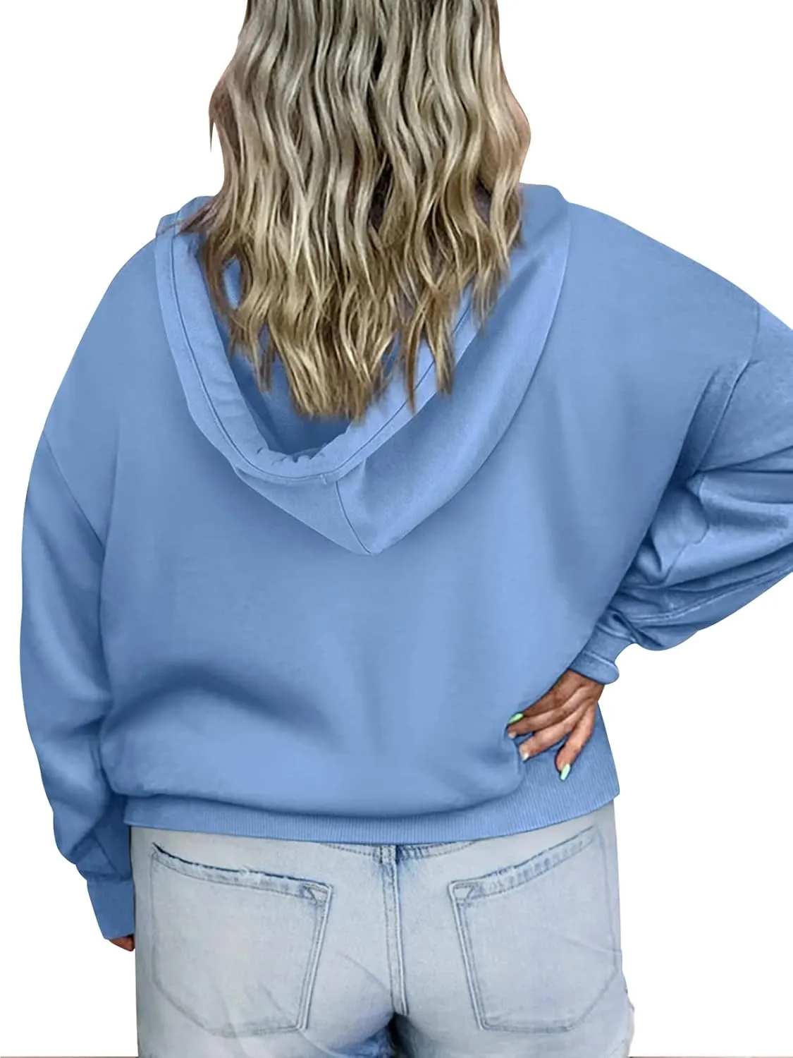 VISLILY Women's-Plus-Size-Hoodies Buttons Collar Hooded Sweatshirts Drawstring Pullover Tops with Kangaroo Pocket XL-4XL