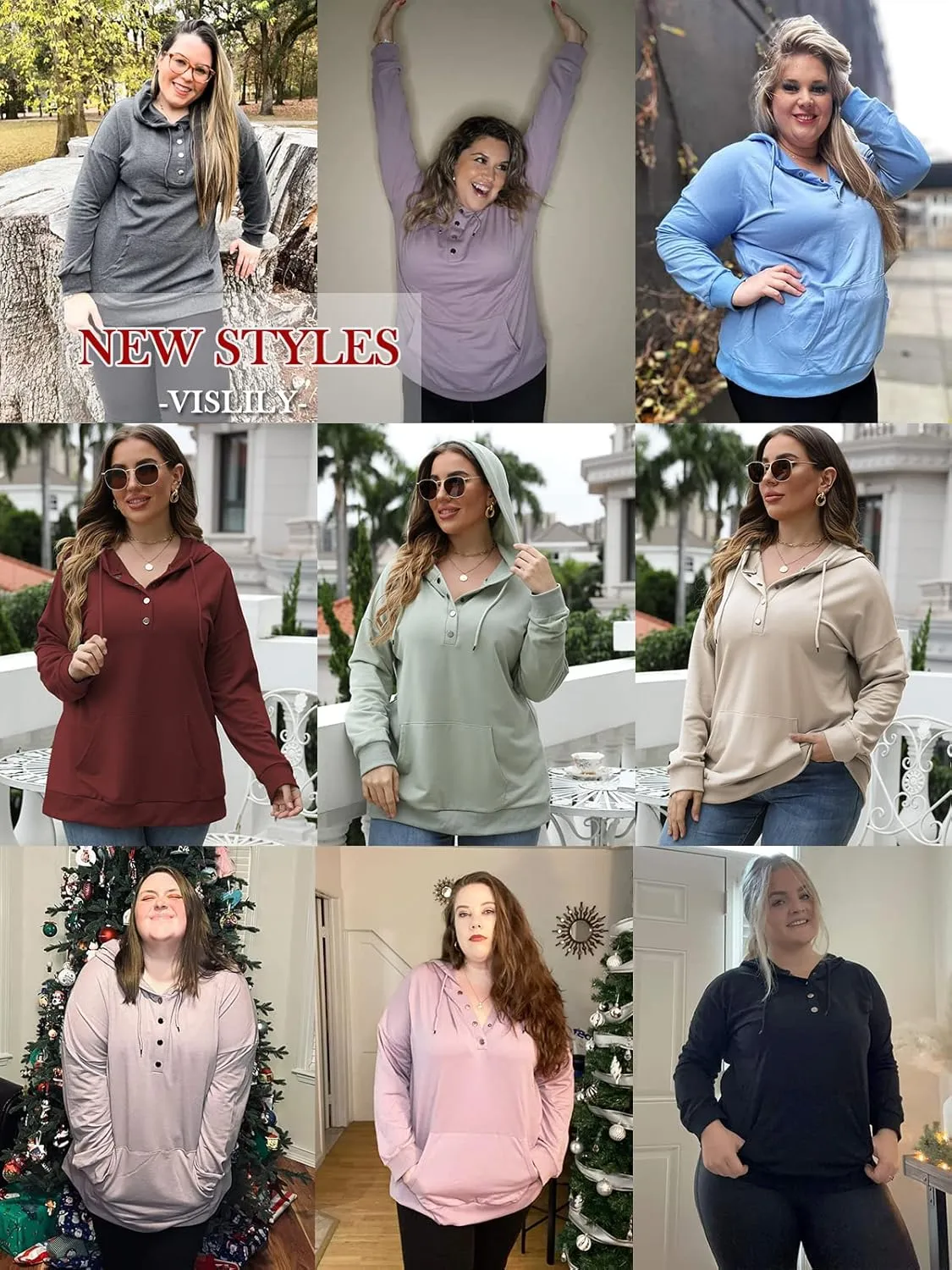 VISLILY Women's-Plus-Size-Hoodies Buttons Collar Hooded Sweatshirts Drawstring Pullover Tops with Kangaroo Pocket XL-4XL