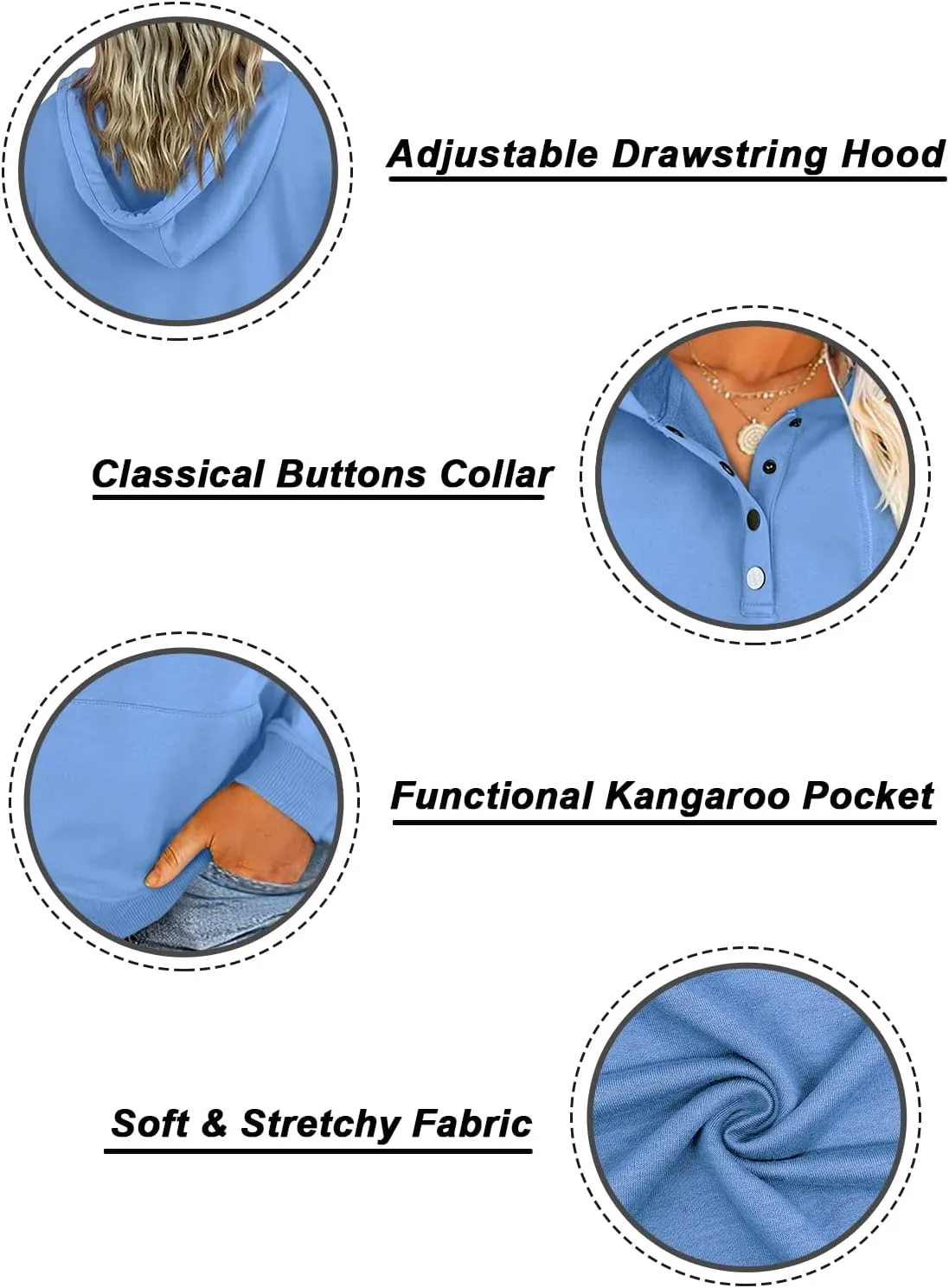 VISLILY Women's-Plus-Size-Hoodies Buttons Collar Hooded Sweatshirts Drawstring Pullover Tops with Kangaroo Pocket XL-4XL