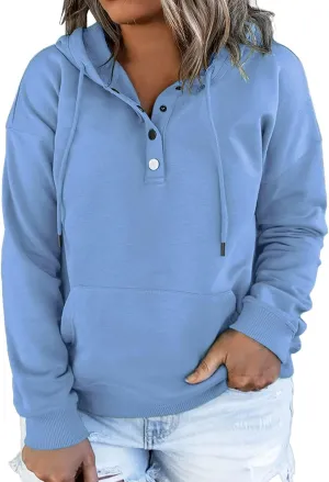 VISLILY Women's-Plus-Size-Hoodies Buttons Collar Hooded Sweatshirts Drawstring Pullover Tops with Kangaroo Pocket XL-4XL
