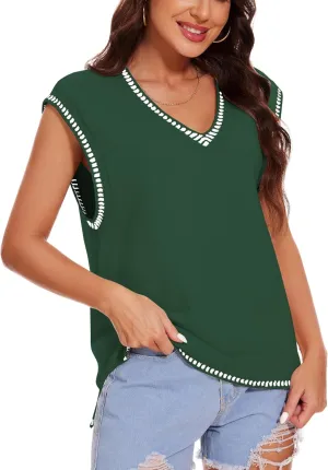 Wanzetaly 2024 Womens Casual V Neck Sweater Vest Sleeveless Knitted Tank Tops Pullover Vest