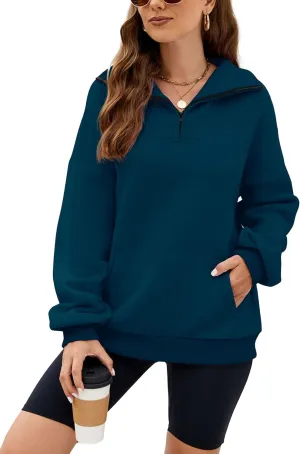 Wanzetaly Womens Oversized Half Zipper Stand Collar Hooded Sweatshirts Crop Hoodie Fleece Pullover Tops with Pocket