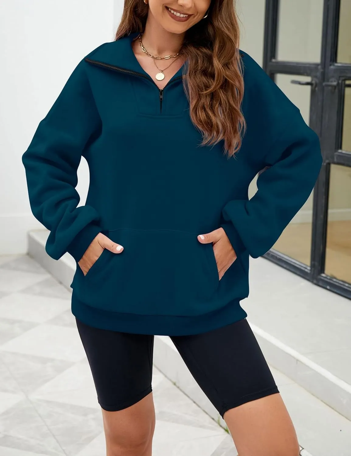 Wanzetaly Womens Oversized Half Zipper Stand Collar Hooded Sweatshirts Crop Hoodie Fleece Pullover Tops with Pocket