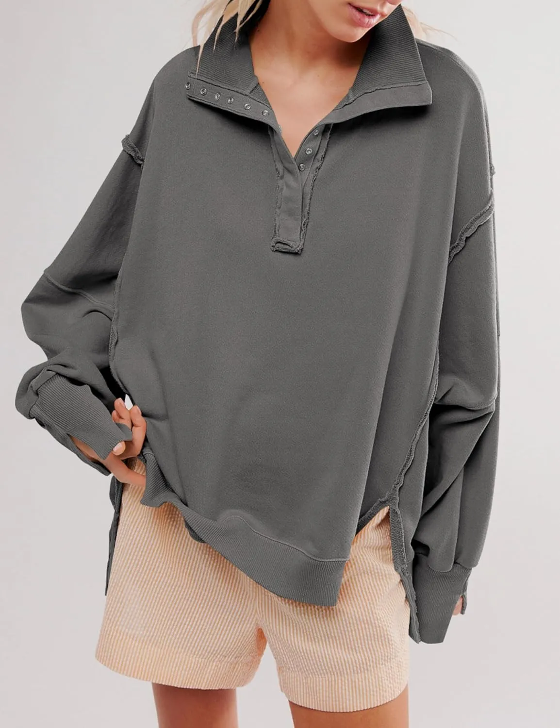 Wanzetaly Women's Oversized Sweatshirt Button Henley Neck Hoodies Long Sleeve Pullover Tops 2024 Outfits
