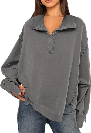 Wanzetaly Women's Oversized Sweatshirt Button Henley Neck Hoodies Long Sleeve Pullover Tops 2024 Outfits