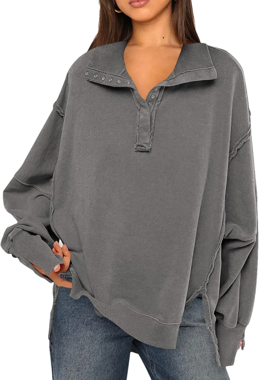 Wanzetaly Women's Oversized Sweatshirt Button Henley Neck Hoodies Long Sleeve Pullover Tops 2024 Outfits