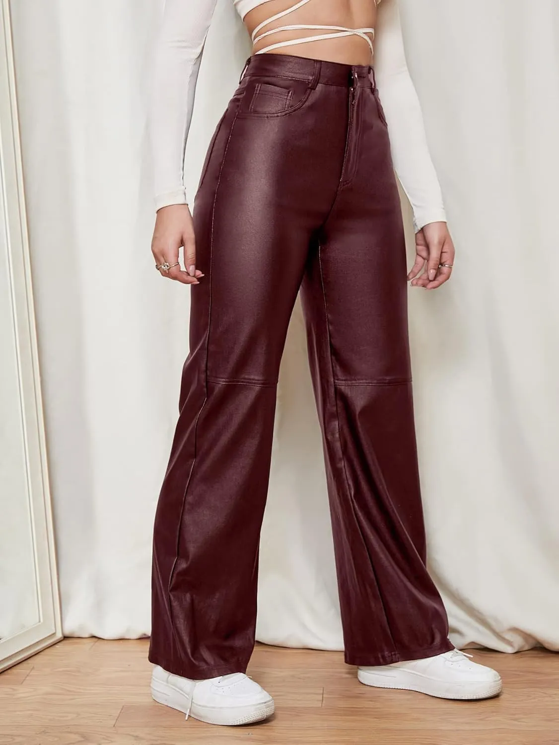 WDIRARA Women's Slant Pocket Straight Leg High Stretch Jeans Leather Look Long Pants