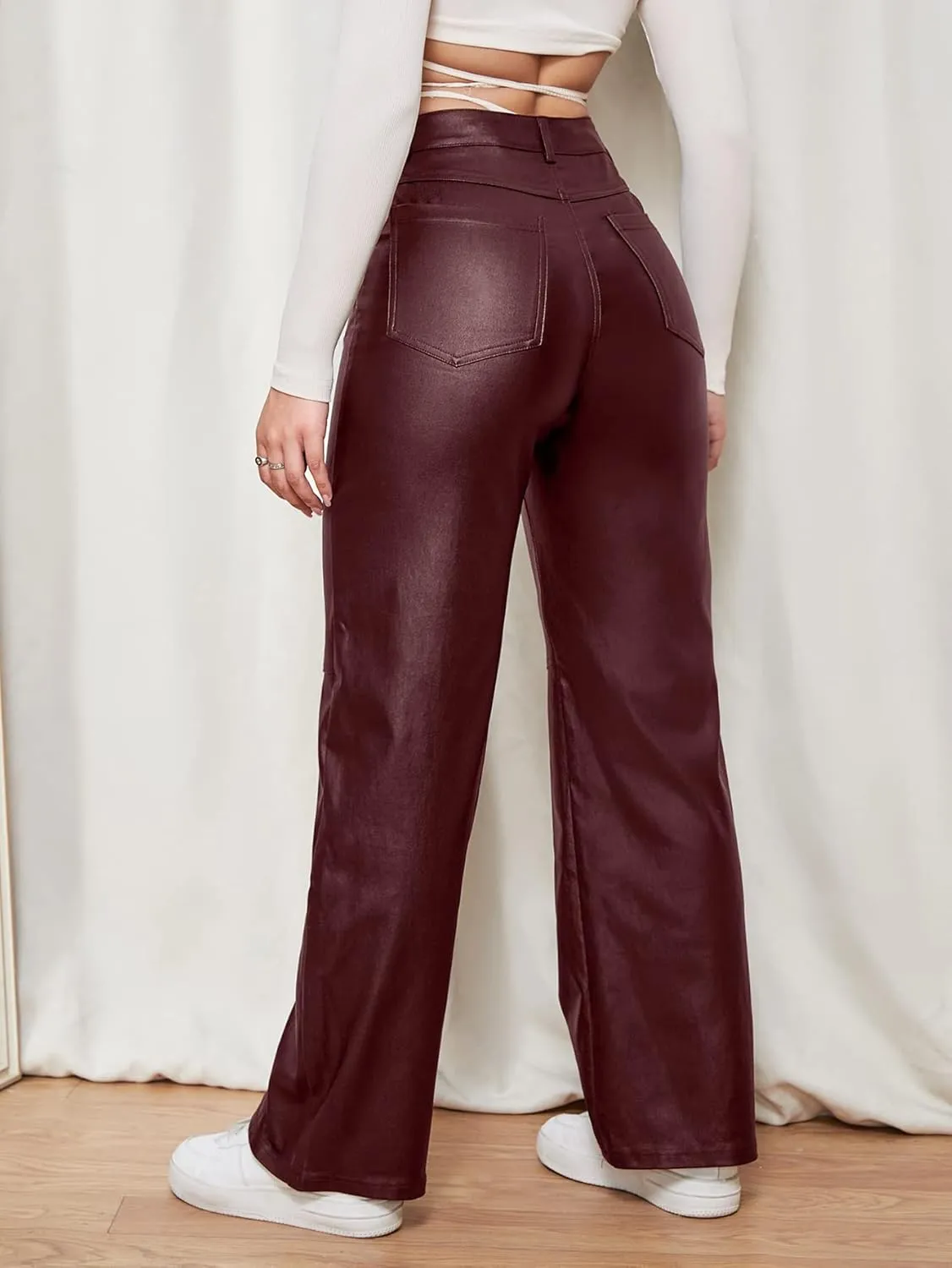 WDIRARA Women's Slant Pocket Straight Leg High Stretch Jeans Leather Look Long Pants