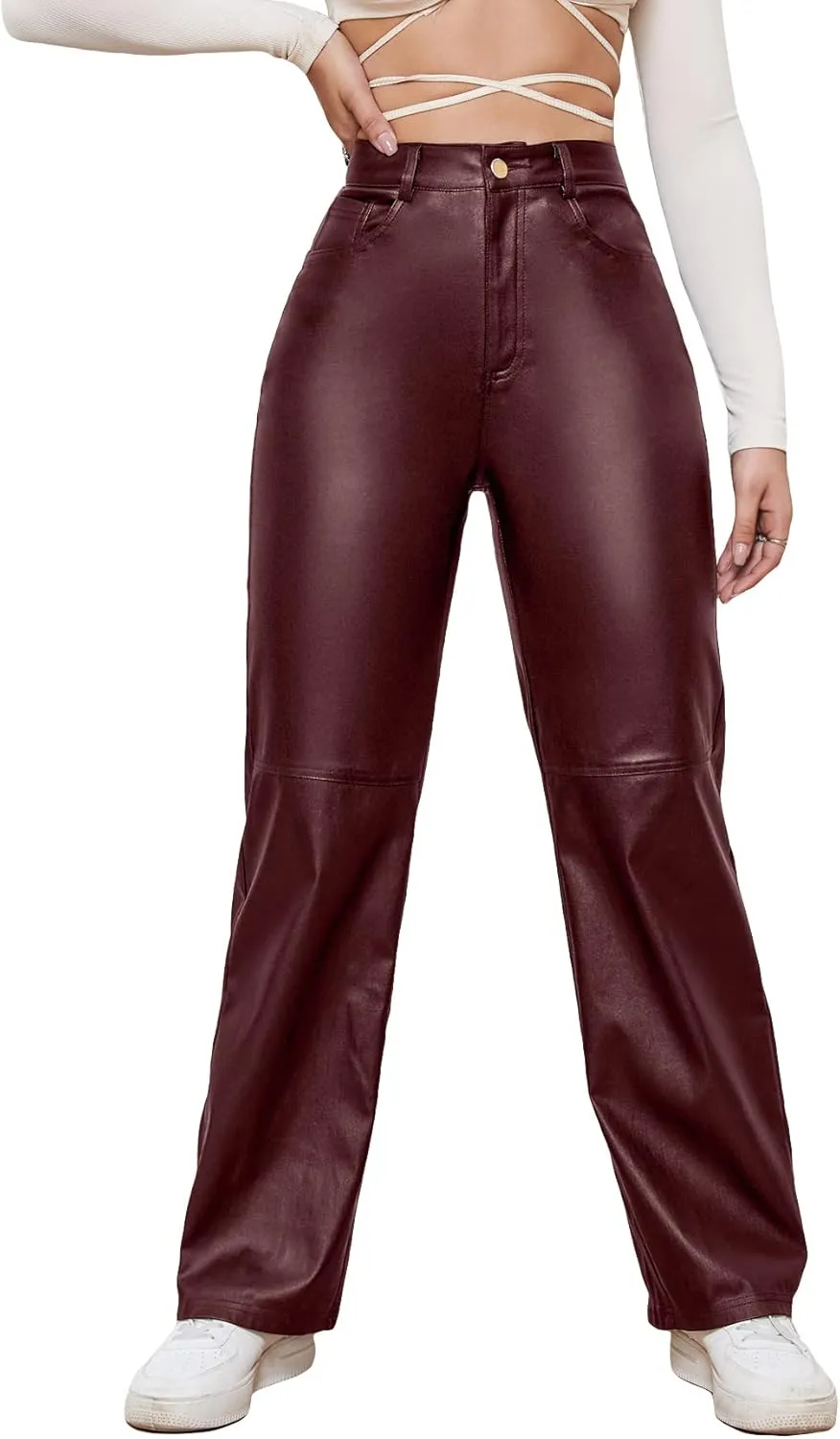 WDIRARA Women's Slant Pocket Straight Leg High Stretch Jeans Leather Look Long Pants