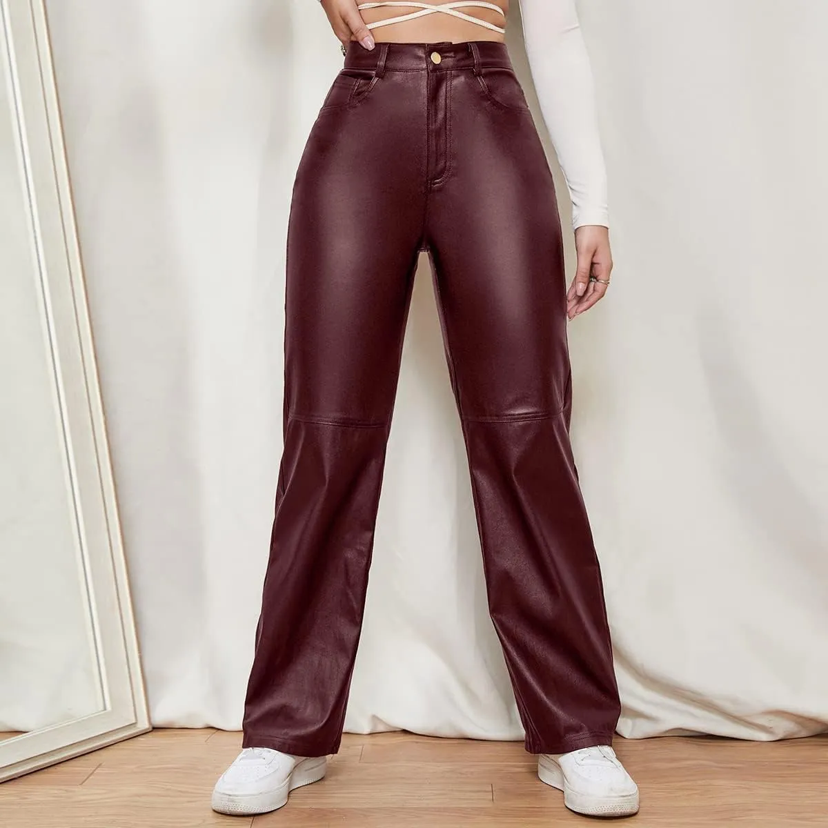 WDIRARA Women's Slant Pocket Straight Leg High Stretch Jeans Leather Look Long Pants