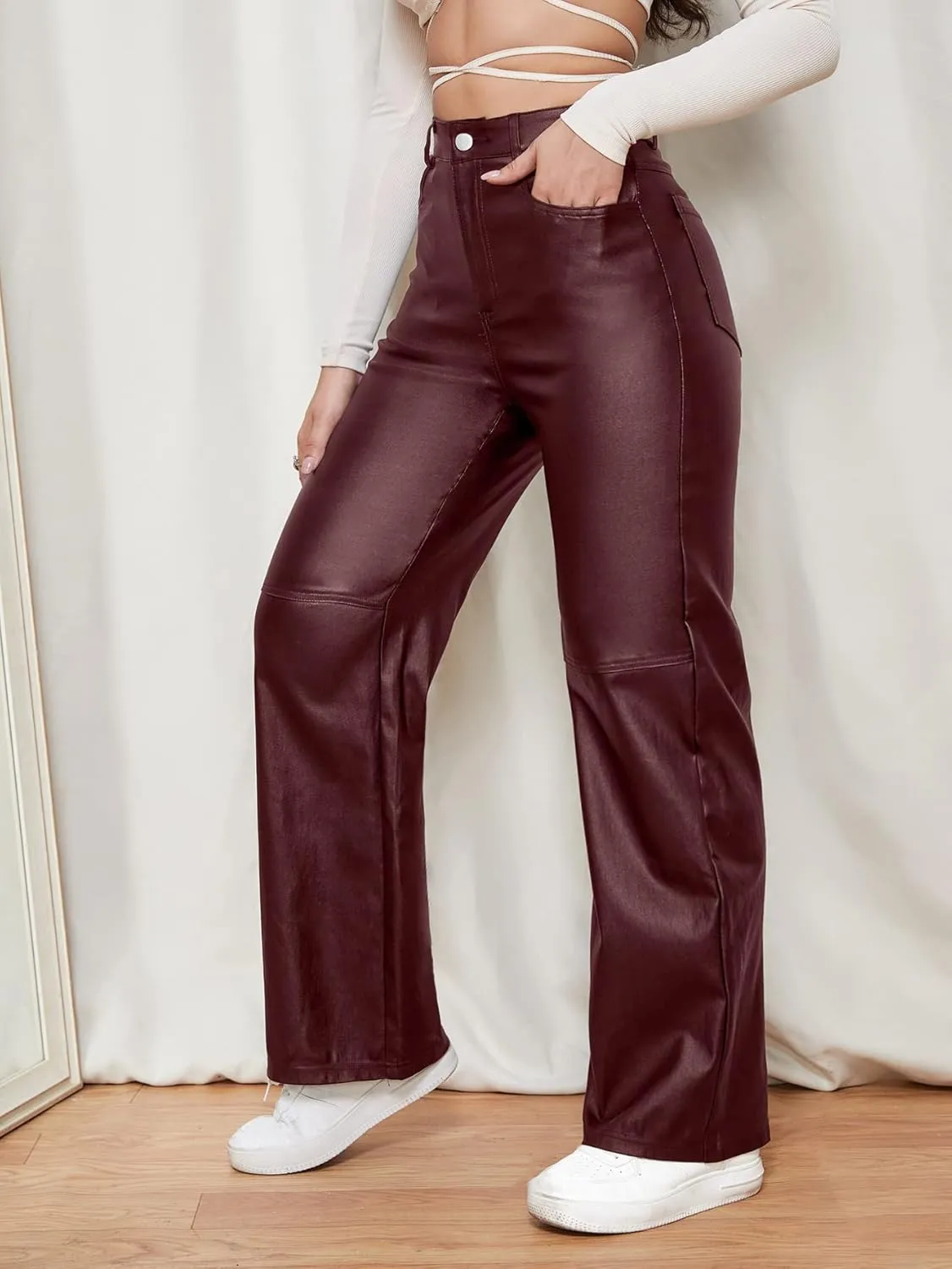 WDIRARA Women's Slant Pocket Straight Leg High Stretch Jeans Leather Look Long Pants