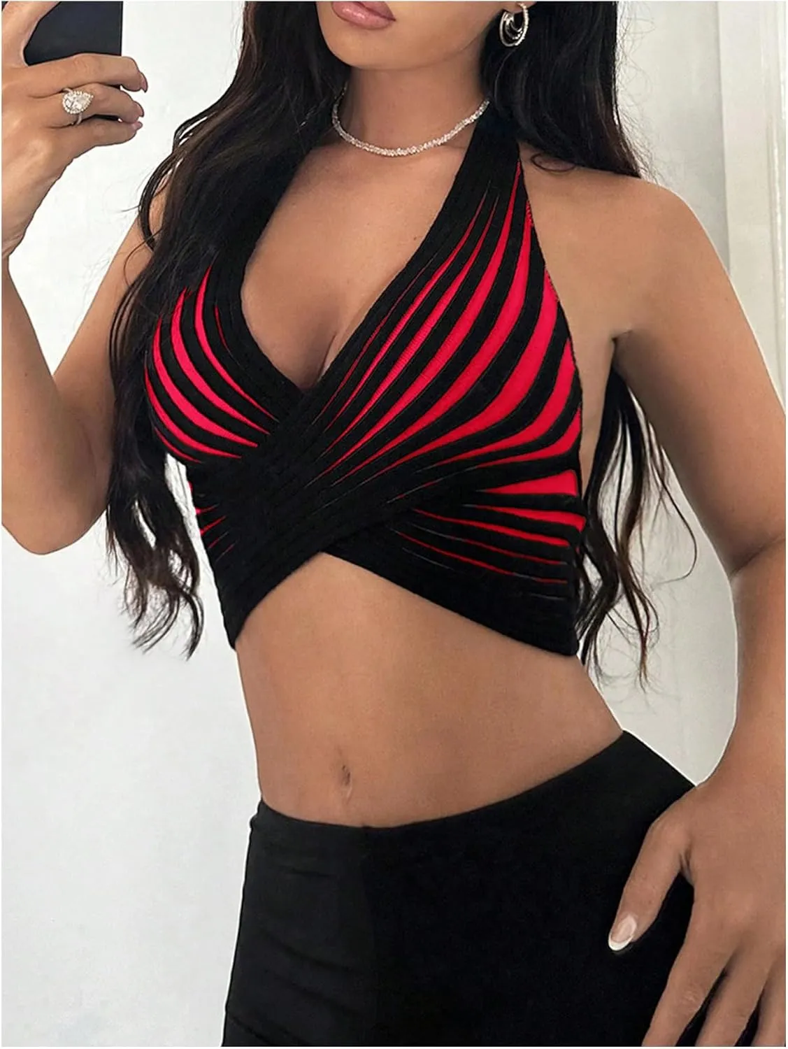 WDIRARA Women's Striped Halter Top Backless Cami Crop Tops Crossover V Neck Knit Camisole