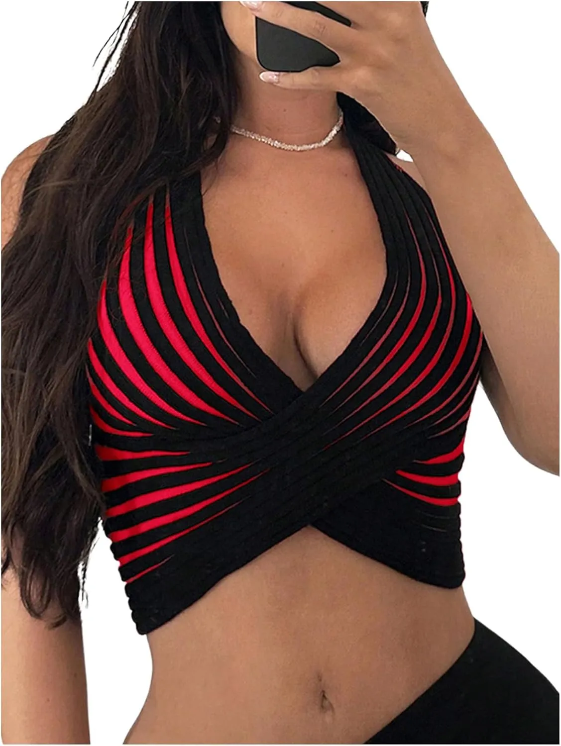WDIRARA Women's Striped Halter Top Backless Cami Crop Tops Crossover V Neck Knit Camisole