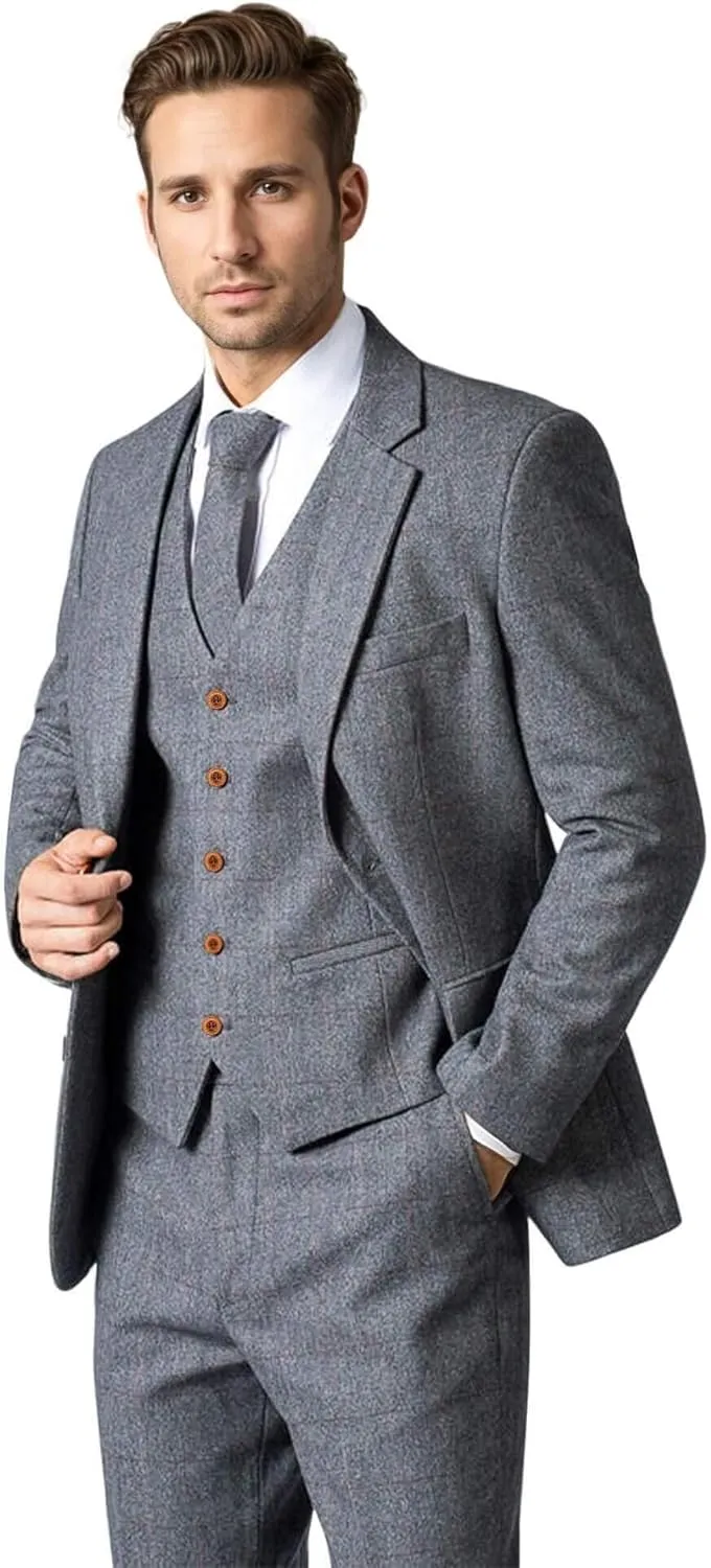 Wemaliyzd Vintage Men's Suit 3 Piece Plaid Tweed Herringbone Suits for Wedding Business Blazer Vest Pants