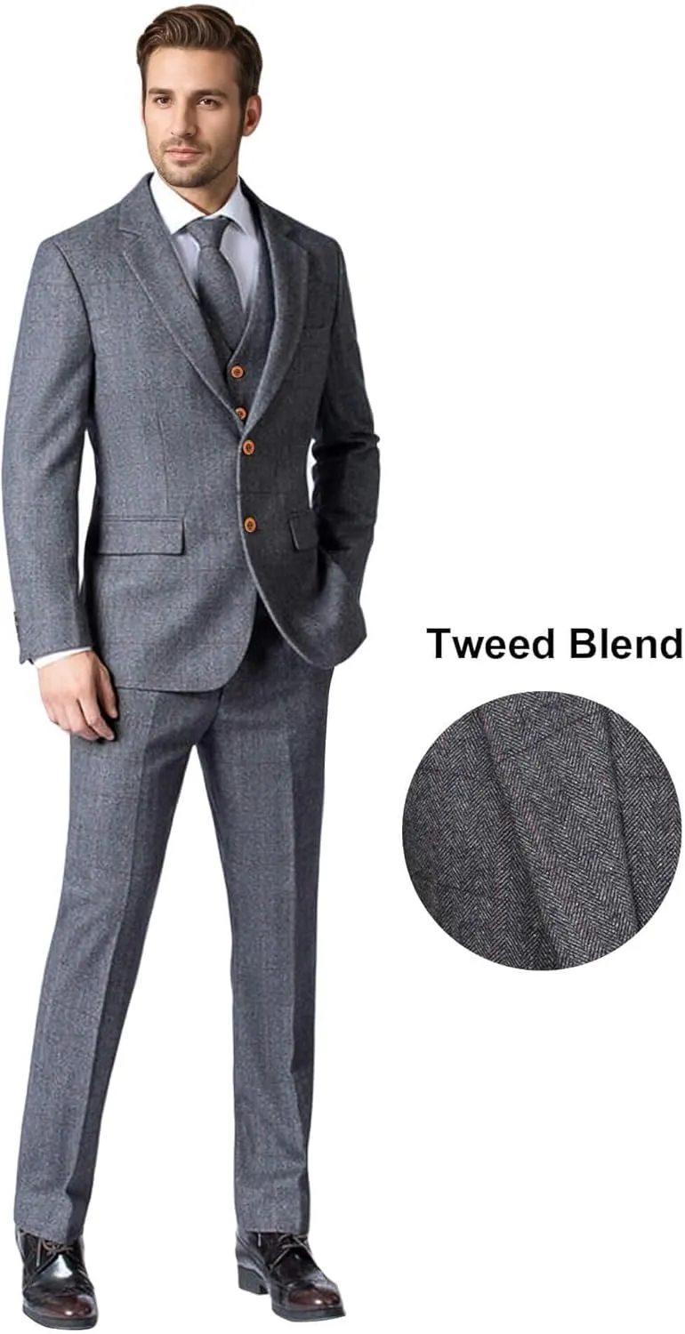 Wemaliyzd Vintage Men's Suit 3 Piece Plaid Tweed Herringbone Suits for Wedding Business Blazer Vest Pants