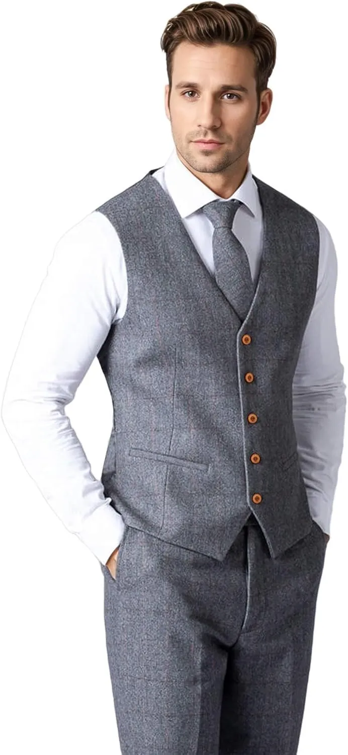 Wemaliyzd Vintage Men's Suit 3 Piece Plaid Tweed Herringbone Suits for Wedding Business Blazer Vest Pants