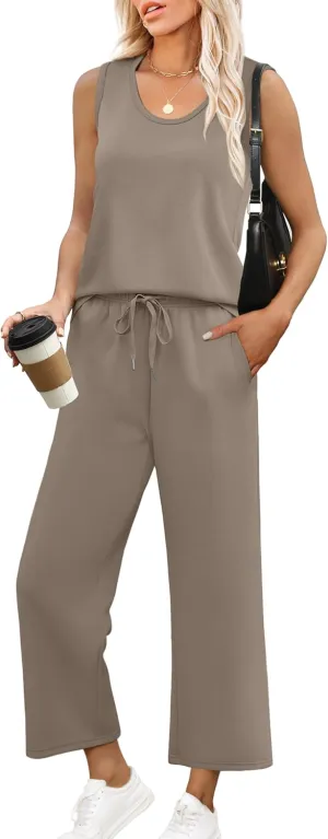 WIHOLL Two Piece Sets for Women Casual Travel Vacation Outfits Summer Wide Leg Pants Lounge Sets