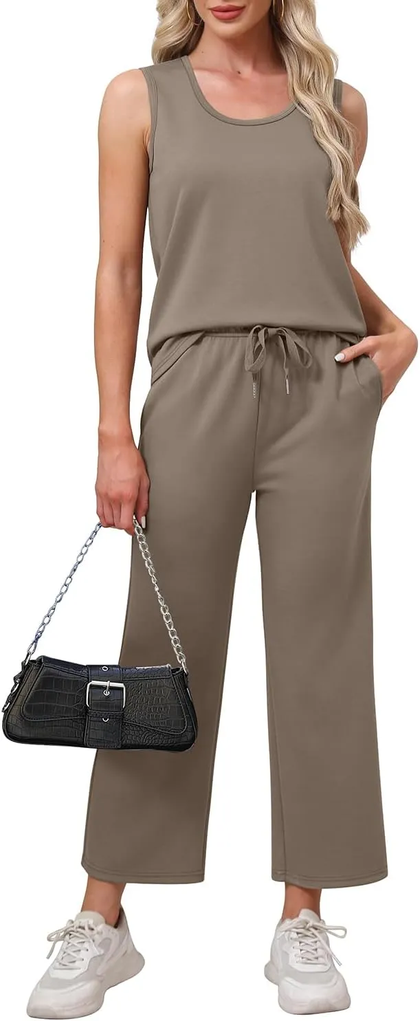 WIHOLL Two Piece Sets for Women Casual Travel Vacation Outfits Summer Wide Leg Pants Lounge Sets