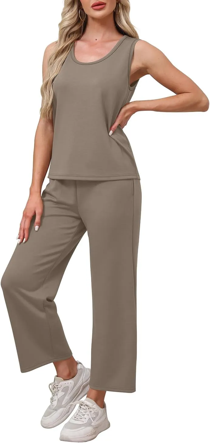 WIHOLL Two Piece Sets for Women Casual Travel Vacation Outfits Summer Wide Leg Pants Lounge Sets