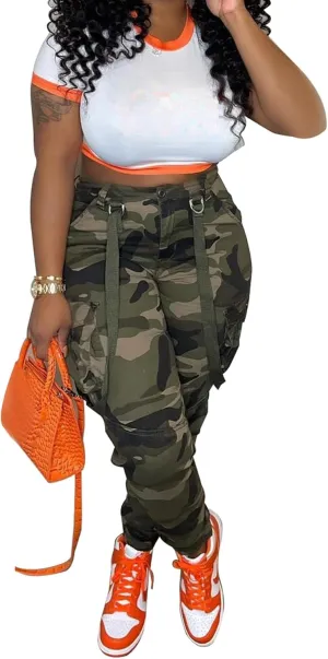 Woman's Casual Camouflage Camo Cargo Long Pants with Pockets