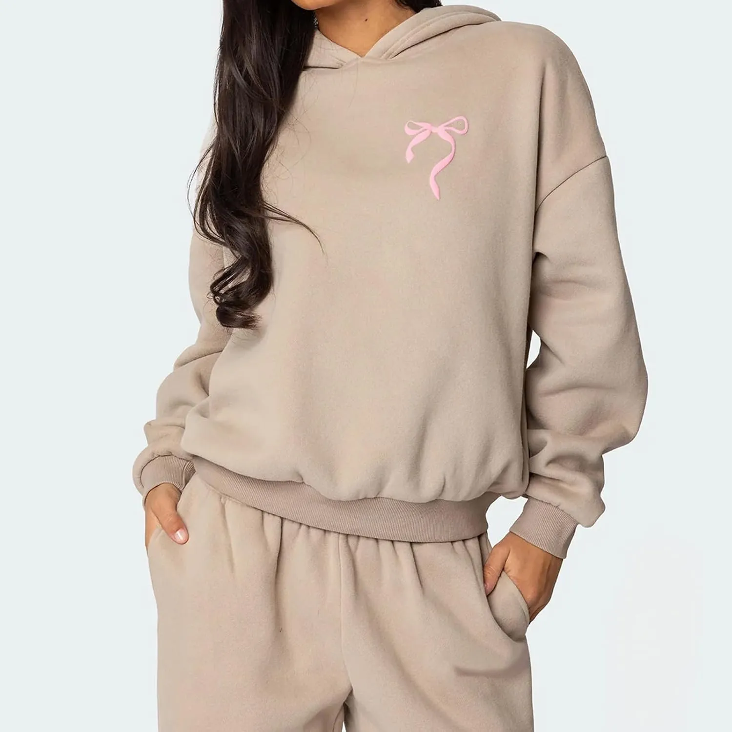 Women 2 Piece Bow Print Tracksuit Outfits Long Sleeve Hoodies Wide Leg Sweatpant Oversized Sweat Set with Pockets