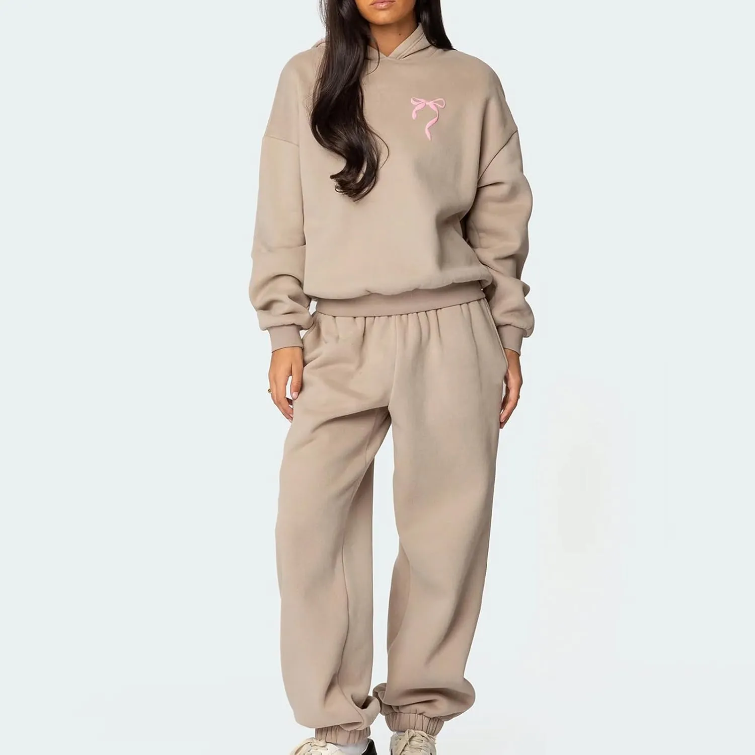 Women 2 Piece Bow Print Tracksuit Outfits Long Sleeve Hoodies Wide Leg Sweatpant Oversized Sweat Set with Pockets