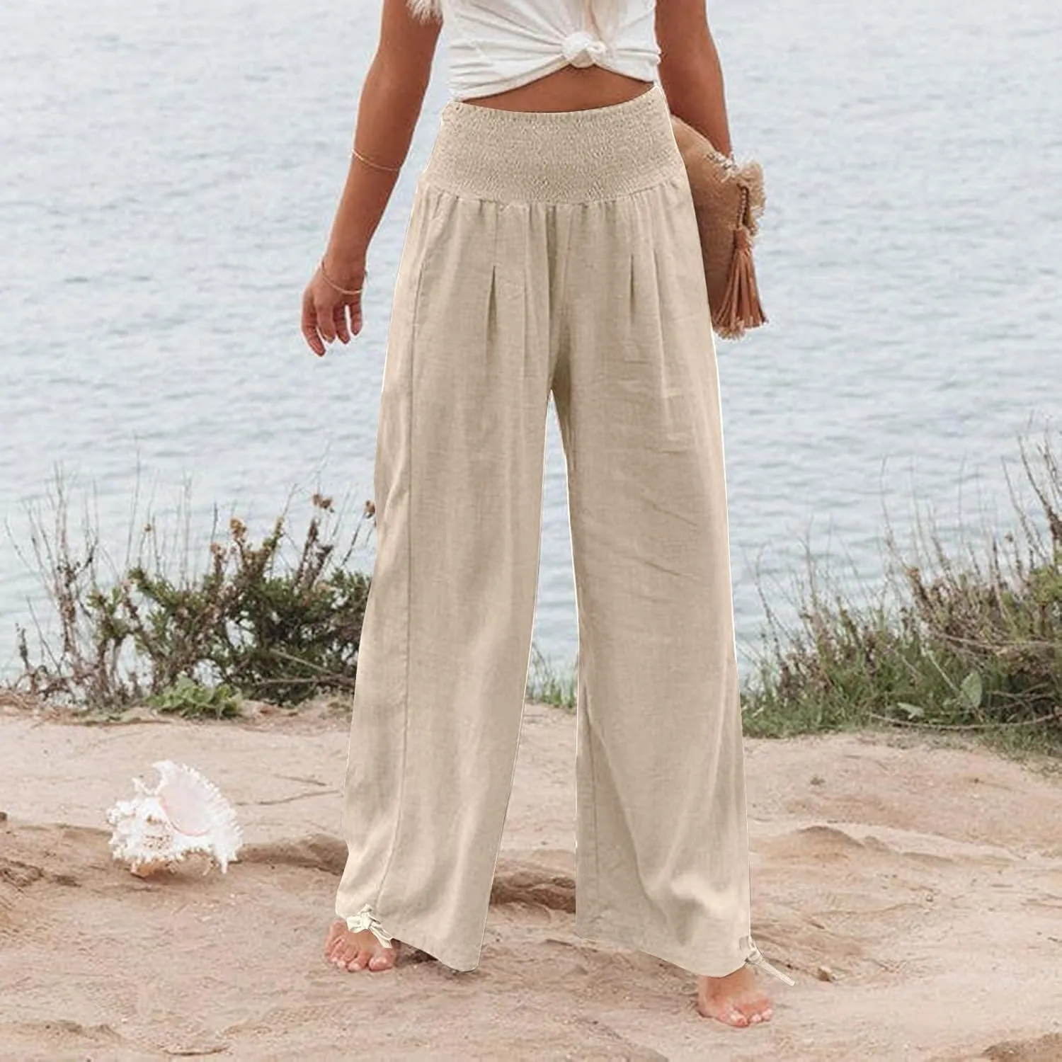 Women Boho Pants Summer Wide Leg Elastic High Waist Smocked Palazzo Pants Loose Cotton Linen Trousers with Pockets