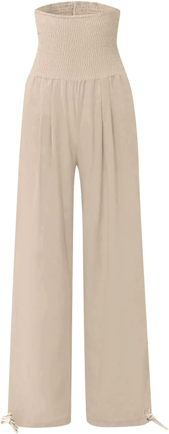 Women Boho Pants Summer Wide Leg Elastic High Waist Smocked Palazzo Pants Loose Cotton Linen Trousers with Pockets