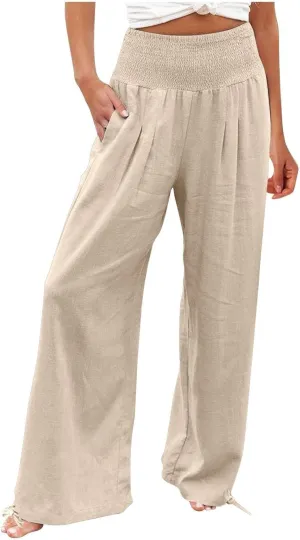 Women Boho Pants Summer Wide Leg Elastic High Waist Smocked Palazzo Pants Loose Cotton Linen Trousers with Pockets