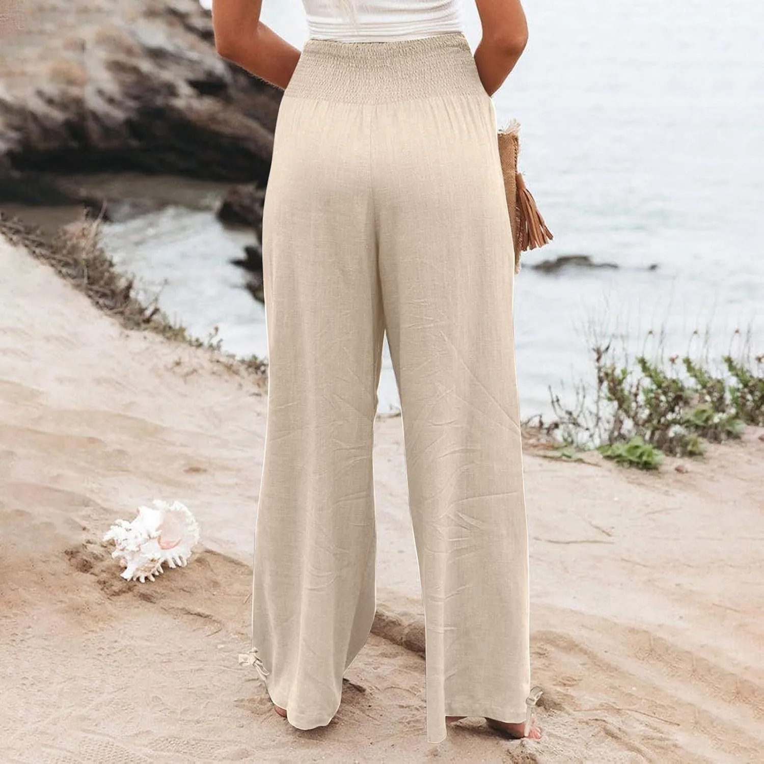 Women Boho Pants Summer Wide Leg Elastic High Waist Smocked Palazzo Pants Loose Cotton Linen Trousers with Pockets