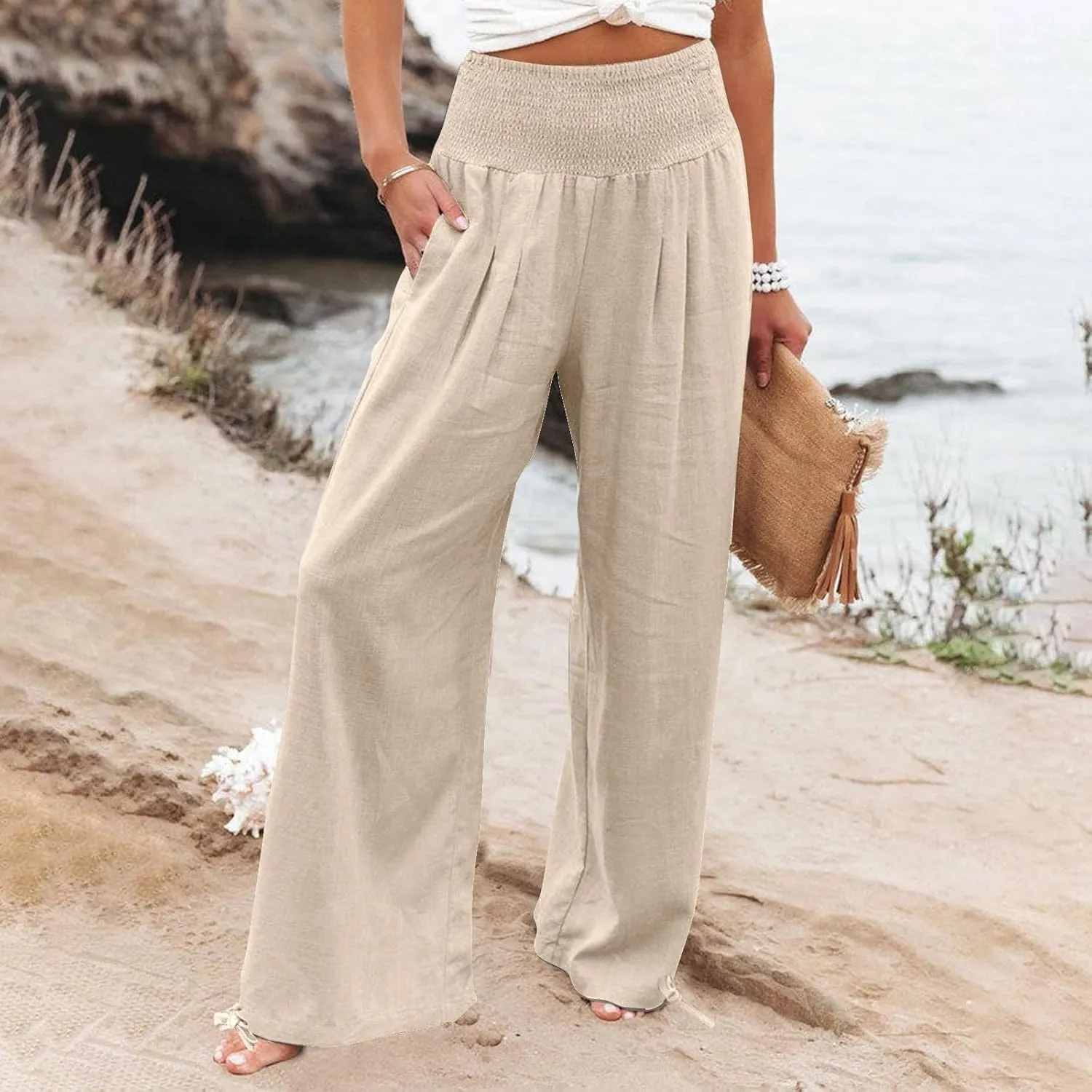 Women Boho Pants Summer Wide Leg Elastic High Waist Smocked Palazzo Pants Loose Cotton Linen Trousers with Pockets