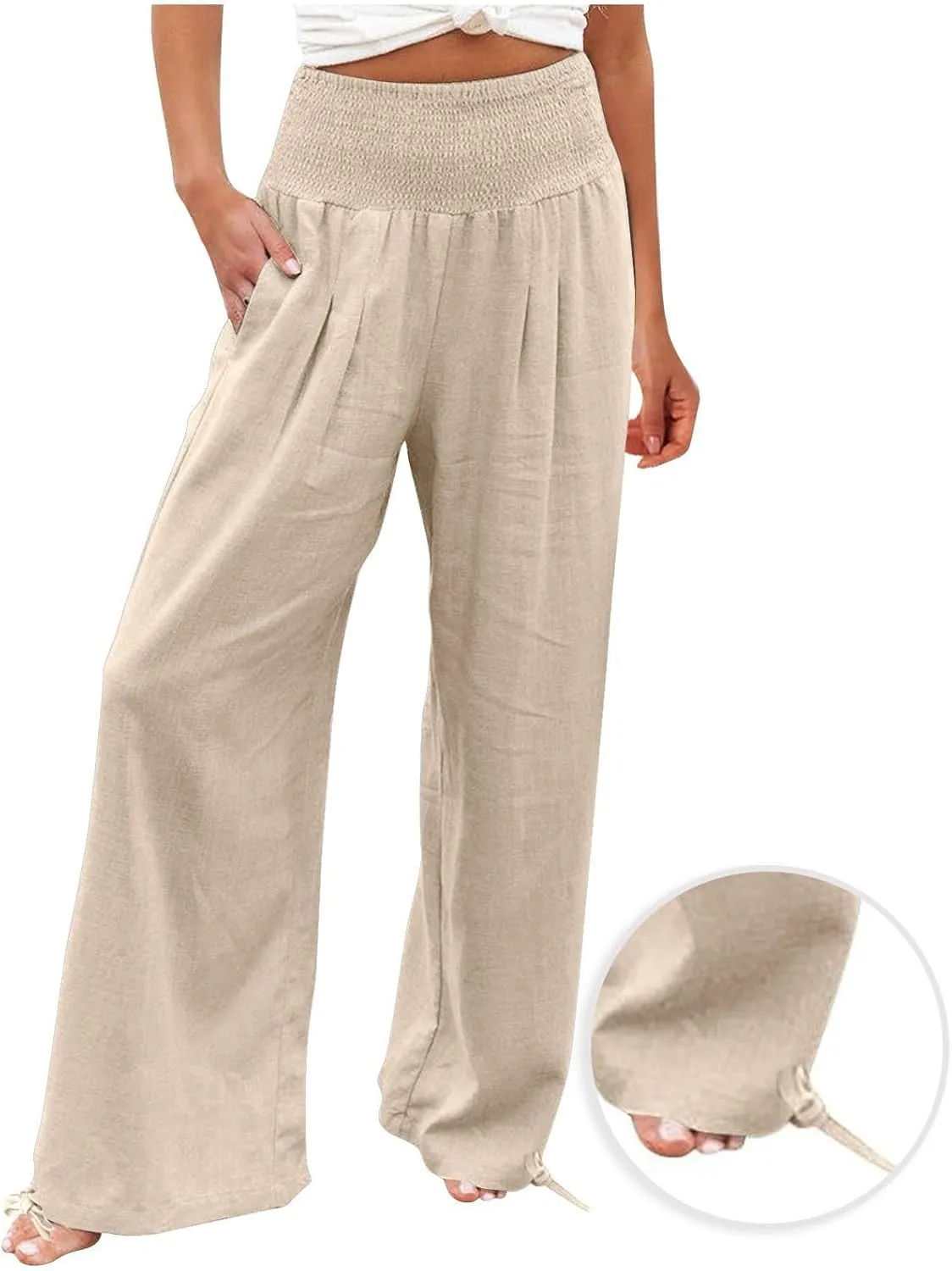 Women Boho Pants Summer Wide Leg Elastic High Waist Smocked Palazzo Pants Loose Cotton Linen Trousers with Pockets