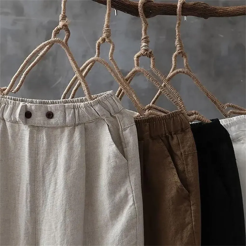 Women Cotton Linen Ankle-Length Trousers Female Elastic Waist Casual Loose Solid Harem Pants