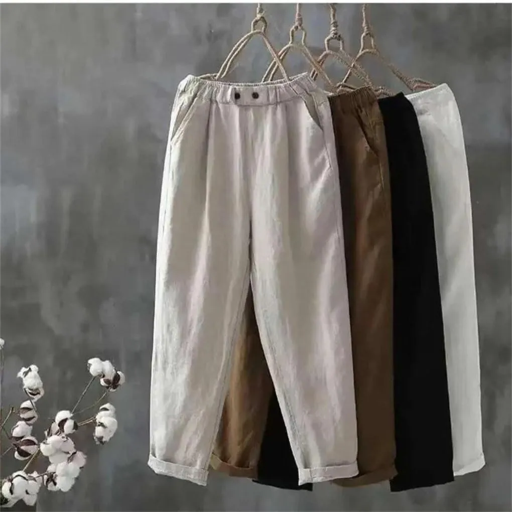 Women Cotton Linen Ankle-Length Trousers Female Elastic Waist Casual Loose Solid Harem Pants